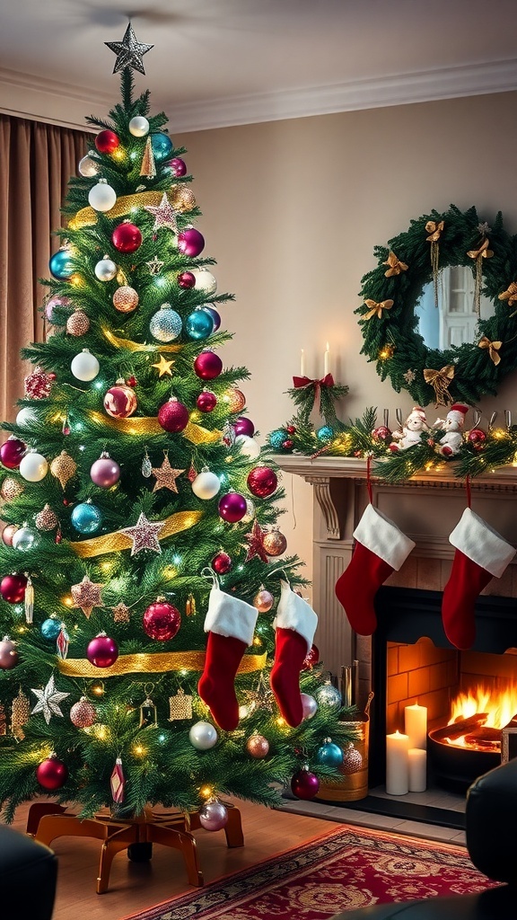A decorated Christmas tree with lights and ornaments in a cozy living room.